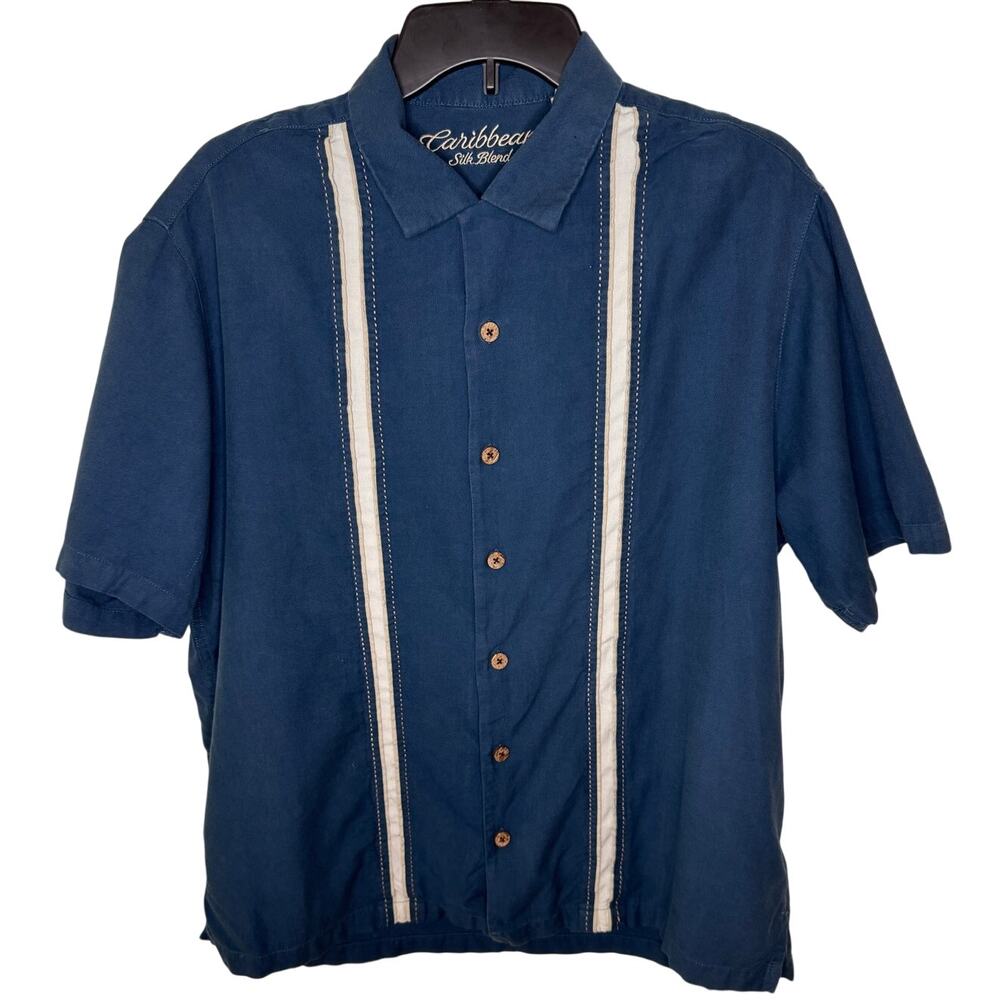 Caribbean silk blend blue short sleeve collared button up dress shirt size Large